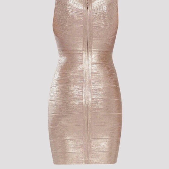 Herve Leger Criss Cross Rose Gold Foil Off The Shoulder Bandage Dress - Picture 5 of 10